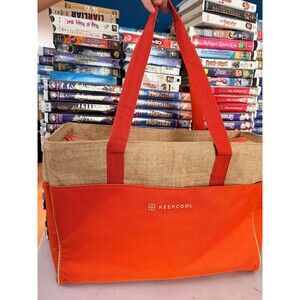 KeepCool Burlap Jute Tote Bag Orange Handles Large Grocery Shopping Utility Tote